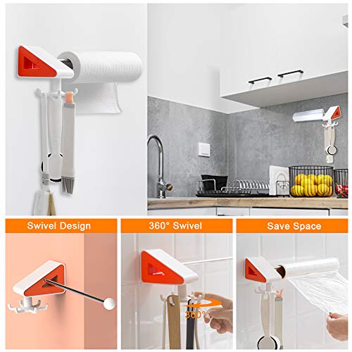 Paper Towel Holder with Steel Pipe 360° 6 Claw, Hole-Free Wall Mounted Paper Towel Roll Rack and Swivel Hook  for Kitchen, Bathroom & Balcony Essentials