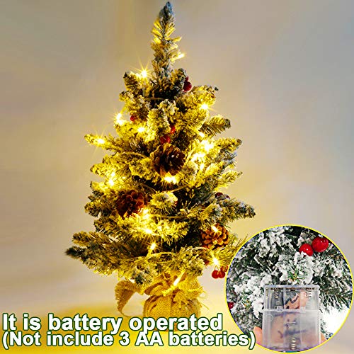 TURNMEON 24Inch Tabletop Christmas Tree with 50 Lights, Snow Flocked Prelit Mini Small