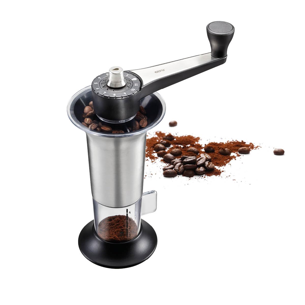 GEFU Lorenzo Manual Coffee Grinder with Adjustable 11‑Step Ceramic Burr and Stainless Steel Design