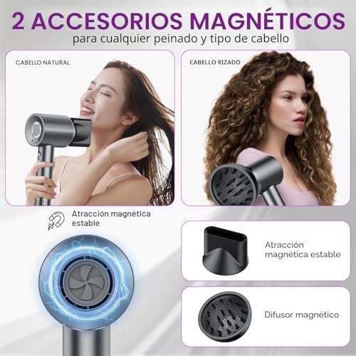 Secador de cabelo, secador portátil jónico profissional a 160000 rpm, secagem rápida, iões 500M, controlo de temperatura, com difusor magnético e bico, 4 níveis de temperatura e 3 velocidades