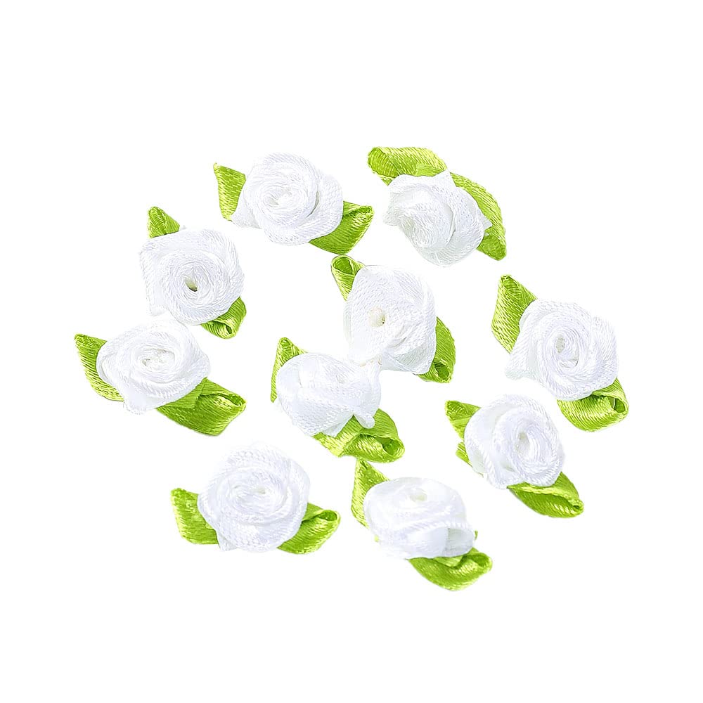Pack of 100 mini Artificial Flowers Rose Heads,Bows Roses with Leaf,Rose Flower Heads Flower Heads for Crafts,Flower Appliquations,Confetti Decoration for DIY Crafts,Garland Scrapbooking,White