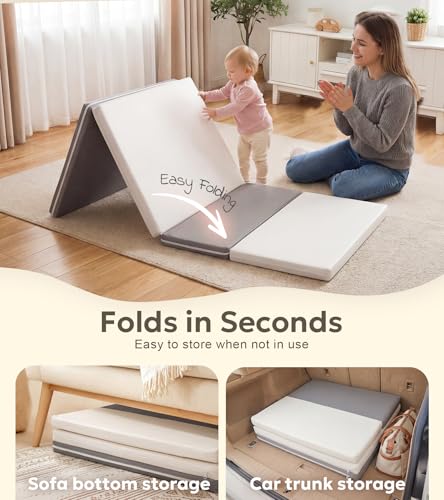 Mallify Quad-Fold Baby Kids Mat, Foldable & Portable PU Leather Kids Mat for Floor, 71" x 30" Bedside Mat, 2'' Thicken Soft Anti-Fall Playmat, Waterproof Play Mat for Kids and Children