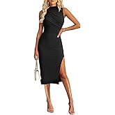ihot Women's Mock Neck Ruched Bodycon Dress Sleeveless Side Slit Cocktail Party Midi Dresses