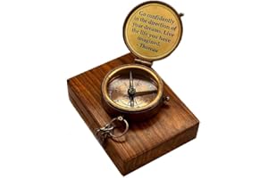 TA DIZAYN Solid Brass Thoreau's Go Confidently Quote Engraved Compass with Wooden Box, Camping Compass, Baptism & Graduation Gift, Christian Gift for Men & Confirmation