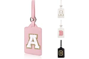 XSUIOY Personalized Initial Luggage Tags for Suitcases, Leather Chenille Letter Cute Luggage Tags with Privacy Name Card, Embroidered Travel Bag Backpack Tags Gifts for Women Kids Girls Teens(Pink-A)