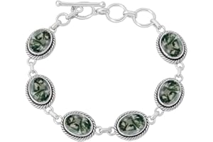 Moss Agate Bracelet for Women – Natural Oval Green Gemstone Link Chain with Silver Overlay – Adjustable Toggle Clasp – Handma