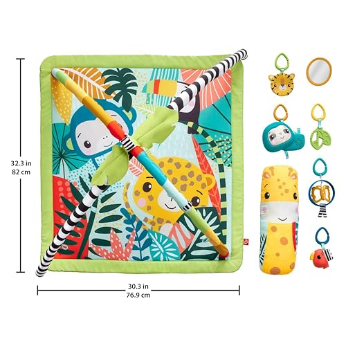 Fisher-Price 3-in-1 Rainforest Spieldecke für Babys, Spielmatte und sensorische Spielzeuge für das Spielen in der Bauchlage, Regenwalddesign, ab der Geburt, HJW08