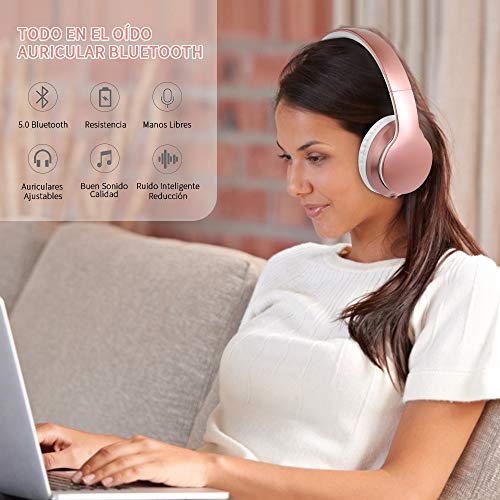Ifecco Cascos inhalabricos,Auriculares inalambricos,Auriculares Bluetooth 5.0 Diadema Plegable,con microfono(Oro Rosa3)