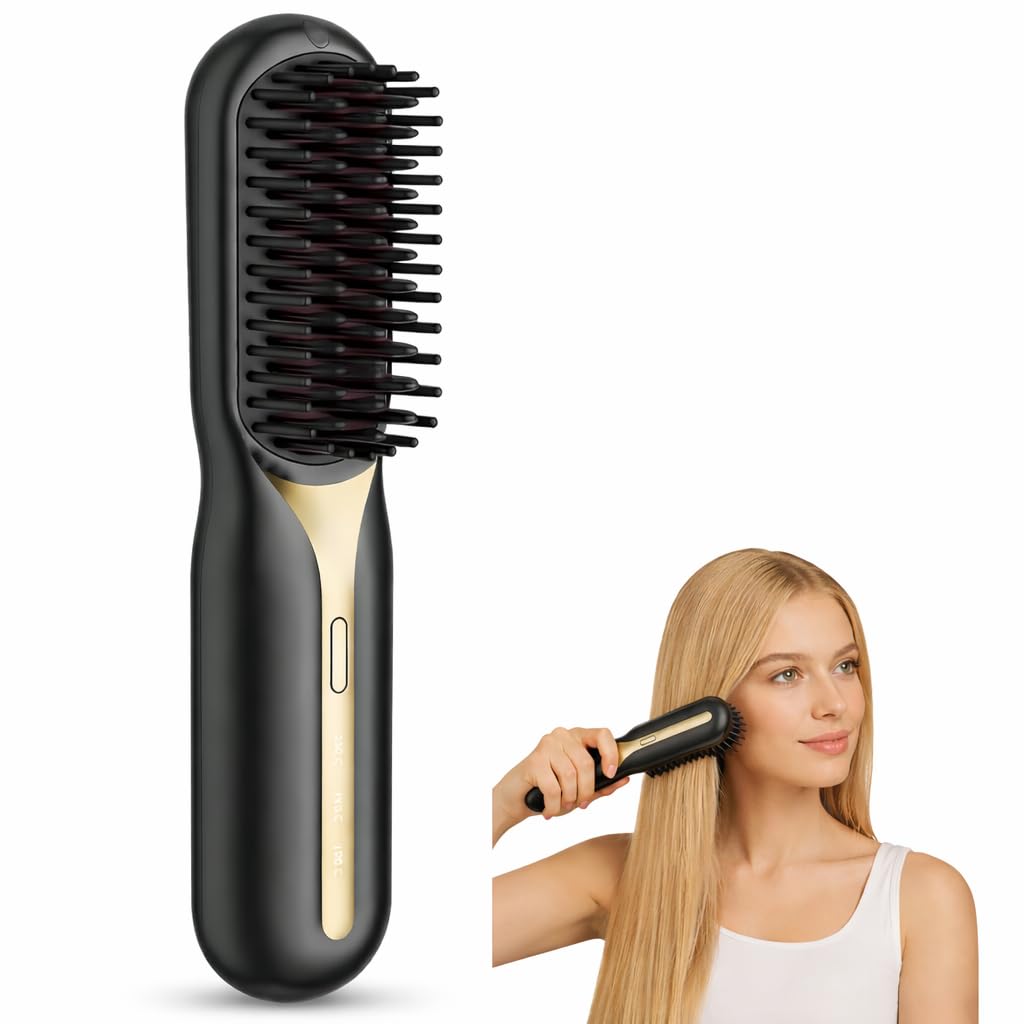 Upgraded Cordless Hair Straightener Brush, Portable Mini Straightening, Lightweight, Multifunctional Comb -Professional Negative Ion Anti-Scalding Styling for Women, Beard Straightener for Men (Black)