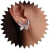 Andelaisi Boho Crystal Butterfly Stud Earrings Vintage CZ Butterfly Rhinestone Earrings Silver Butterfly Stud Earrings Personalized 3D Butterfly Charm Earrings Jewelry for Women