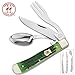 Kissing Crane Green Bone Camp Dining Tool - Genuine Jigged Bone, CrMoV17 Stainless Steel Utensils, Brass-Plated Bolsters, Separates Into Three Pieces - Closed Length 4 1/4