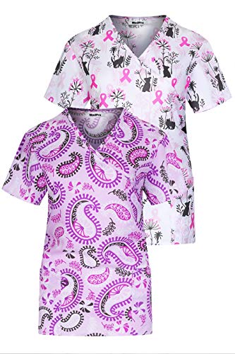 MedPro Women's Printed Mock Wrap Medical Scrub Top Multi Pack ASTD:Pink,Purple S