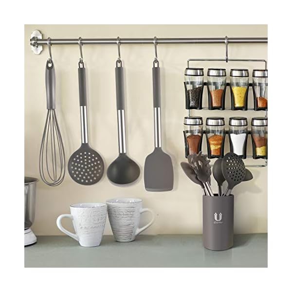 Uarter Kitchen Utensil Set 24pcs Silicone Cooking Utensils for Cooking and Baking, Heat Resistant and Nonstick Spoon, Turners, Tongs, Whisk, Potato Masher, 10pcs Hooks Kitchen Tool Gadgets (Gray)