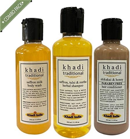 Khadi Traditional Combo Pack of 3 (Shikakai & Honey Hair Conditioner (Paraben Free), Saffron Milk Body Wash, Saffron-Tulsi & Reetha Herbal Shampoo)