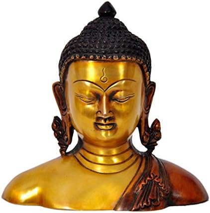 Aesthetic Decors Buddha Bust W Shawl in Nepali Red Showpiece - 17.8 cm (Brass, Multicolor)