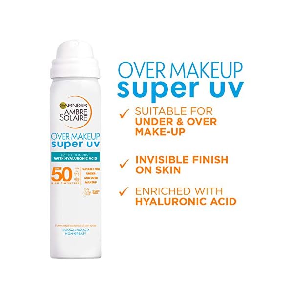 Garnier-Ambre-Solaire-Over-Makeup-Super-UV-Protection-Mist-SPF50-75-ml-With-Hyaluronic-Acid-Light-Texture-Non-Greasy-Spray-Protects-and-Hydrates-Skin-Packaging-May-Vary Garnier Ambre Solaire SPF 50 Super UV Over Makeup Mist for Face, High Protection Against UVA & UVB, Hyaluronic Acid…