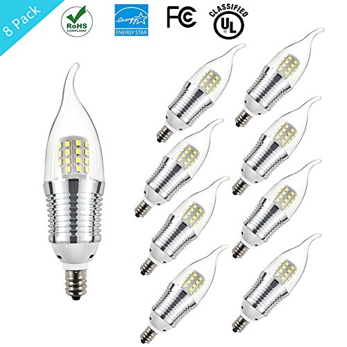 LED Candelabra Bulbs;HAIDEXI new version brighter chip 8 pack LED Candle Bulb E12 9W LED Lights, Chandelier, 80 Watt Light Bulbs Equivalent Incandescent Daylight White 6000k,Flame Tip