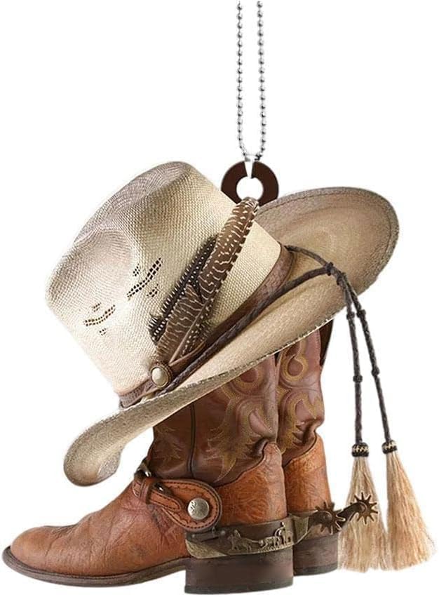 Car Rear View Mirror Pendant, Personalized Cowboy Boots and Hats Flat Acrylic Car Hanging Ornament Charm Auto Interior Rearview Decor Automotive Interior Mirrors Mirrors Interior