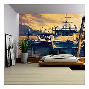 Fishing Boats in Harbor,Old Painting Style - Removable Wall Mural | Self-Adhesive Large Wallpaper - 66x96 inches