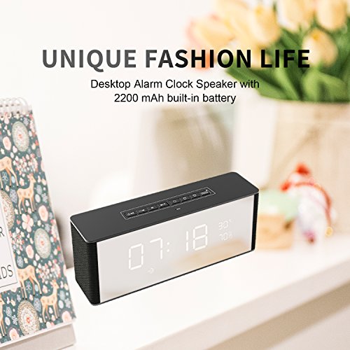 Wireless Bluetooth Speaker with Alarm Clock, Portable Stereo Speaker, Dual Alarm Clock Gray Bedside, Built-in Mic, LED Nightstand Clock and Large LED Dimmable Display
