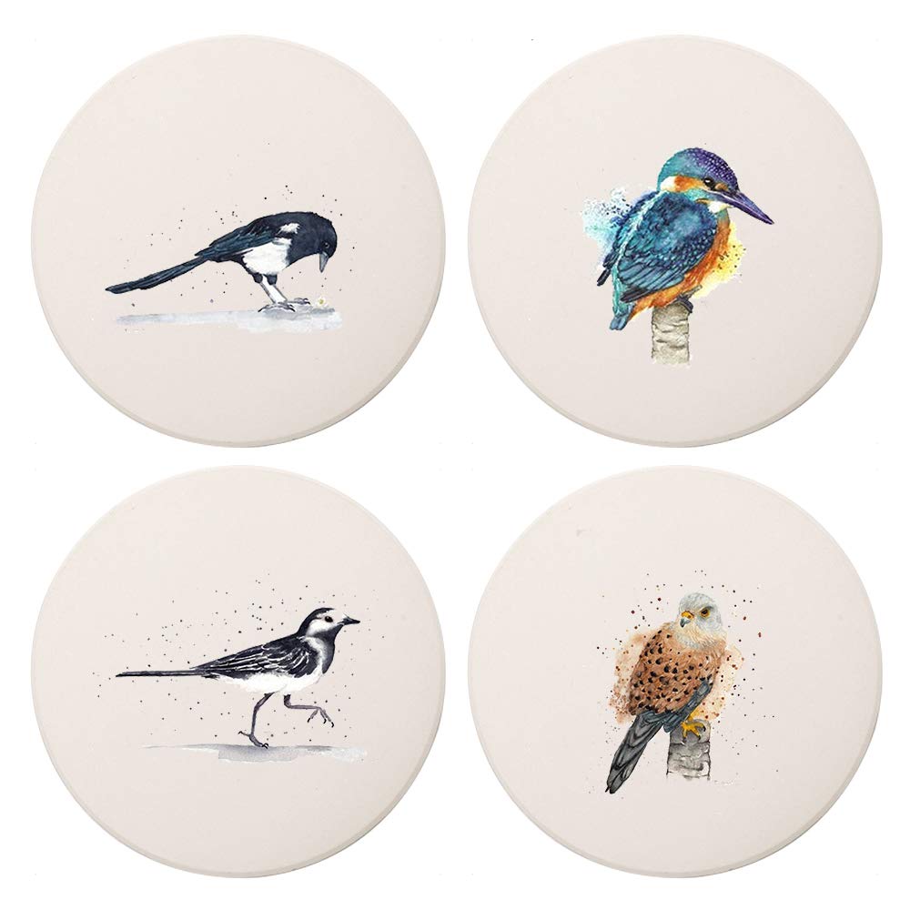 MAYCARI Cute Bird Coasters Set of 4 with Cork Base Protection, Personalised Round Drink Absorbent Stone Coasters Mug Set Birds Gift for Kinds of Mugs and Cups