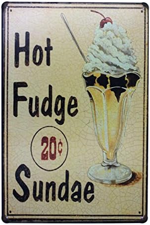 ARTCLUBARTCLUB Hot Fudge Sundae Retro Metal Tin Sign, Antique Plaque Poster Kitchen Home Wall Decor