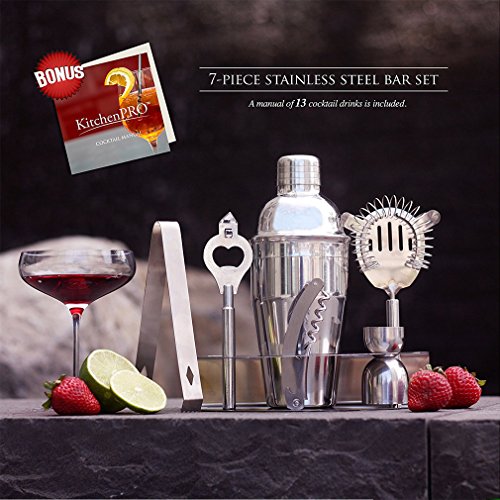 [- Deluxe 7 Piece Stainless Cocktail Steel Bar Set FREE Cocktail Recipe Book & Stand, Cocktail 