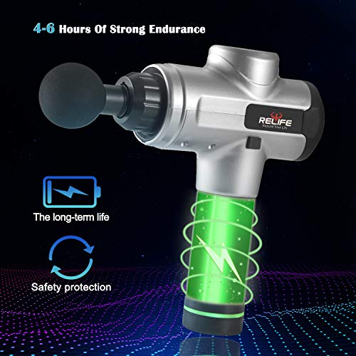 RELIFE REBUILD YOUR LIFE Massage Gun Super Quiet Deep Tissue Percussion Massager for Sore Muscles Post Workout, 20 Speed Levels, 6 Electric Massage Heads (Silver) - Thumbnail 3