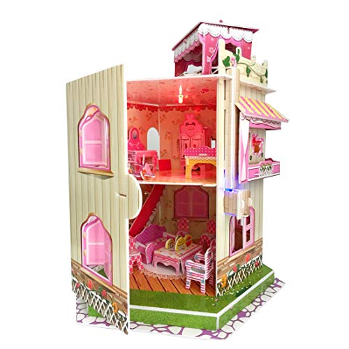 Rooftop Romance 3D Puzzle Dollhouse for Girls Easy to Assemble 3-D Miniature Doll House Building Kit with LED Light for Kids - Educational Paper Jigsaw Puzzles Perfect Craft Toys Gift 101 Pcs
