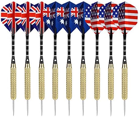 Wolftop 9 Pack Steel Tip Darts 19 Grams with Aluminum Shafts and National Flag Flights, an Free Round Dart Sharpener Included