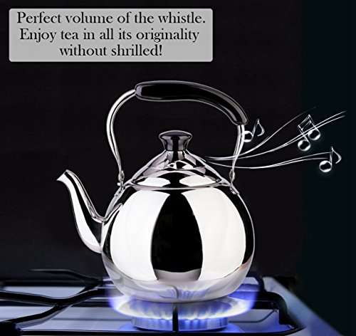 Stainless Steel Tea Kettle Whistle for Stovetop, Mirror Finish Surface, Bakelite Handle Fast Boiling FLH 2 Quart