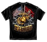 Marine Corps, USMC T-Shirt Double Flag Gold Globe Marine Corps Black