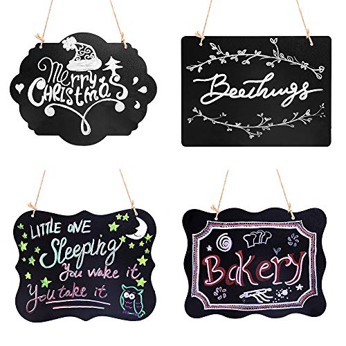 VSADEY 4 Pack Chalkboard Sign Hanging, Double-Sided Erasable Message Board, Small Hanging Liquid Chalkboard Signs with Hanging String for Wedding, Bar, Cafe, Restaurant
