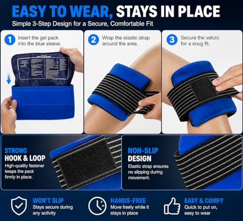 UZISUO Large Ice Pack Extra Long-Lasting Cooling, 3Pcs Reusable Cold Pack, Flexible Hot & Cold Gel Pad，Adjustable Ice Wrap for Knee, Shoulder, Ankle, Back & Neck，Post-Sport Recovery