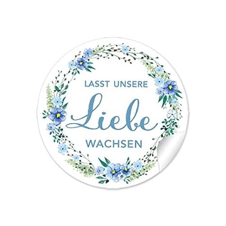 3er Set 3 Bögen a 24 STICKER 72 Aufkleber:'Lasst unsere Liebe wachsen' in BLAU GRÜN mit Blütenkranz • Gastgeschenke zur Hochz