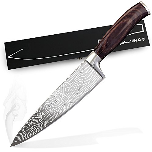 Chef Knife - 8 inch Ultra-Sharp German Carbon Stainless Steel Blade With Wooden Handle in Wooden Gift Box - Japanese Knife - Carving Knife â€“ Slicing - Chopping Knife - Chefs Knife - Kitchen Knife