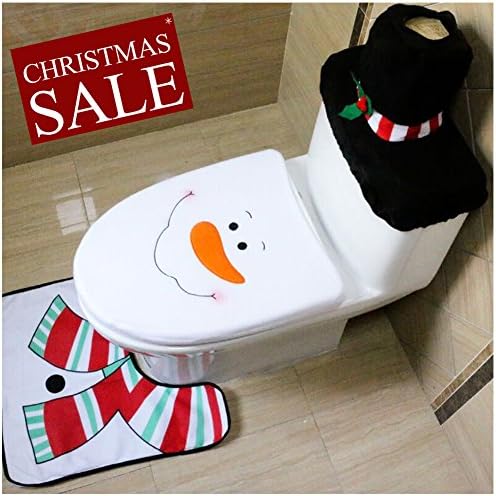 Snowman Christmas Toilet Seat Cover And Rug Set 3 Pieces, Seat Cover With A Cute 3D Nose, Non Slip Floor Rug, Tank Cover With Tissue Box