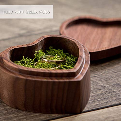 Heart shaped wood box filled with green moss (Engagement Proposal Ring Box - Ring Bearer Box - Jewelry Storage Box - Photo Prop)