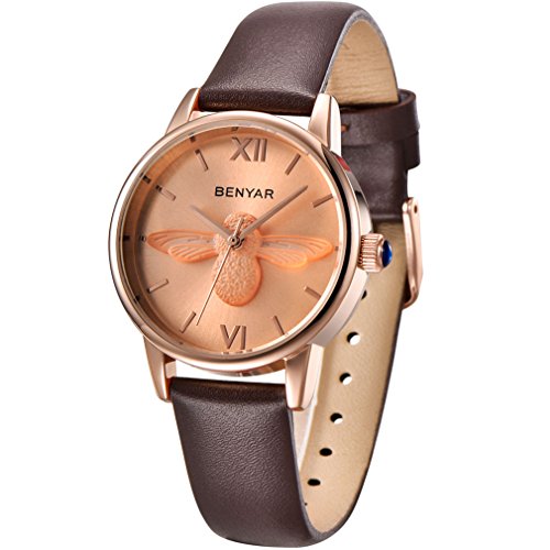 BENYAR Waterproof Cute Bee ladies Watches Leather Strap Business Casual Wrist Watch For Women (Brown Rose Gold)