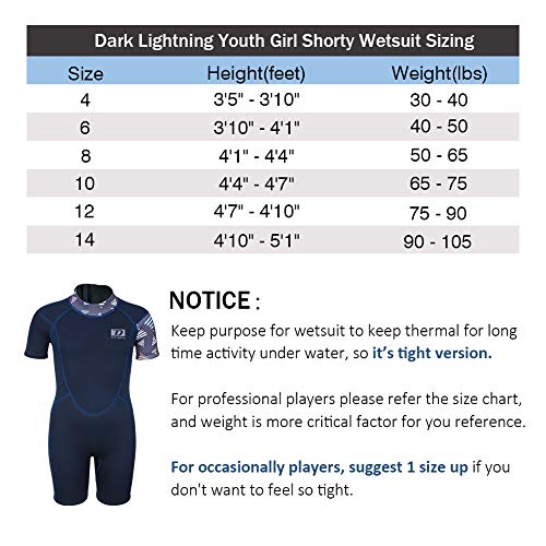 image for Dark Lightning 3/2mm Youth Girls Wetsuit, Kids Neoprene Thermal Shorty
