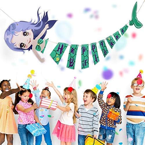 PartyTalk Mermaid Happy Birthday Banner Blue and Purple Under The Sea Birthday Banner for Girls Birthday Party Baby Shower Decorations Supplies