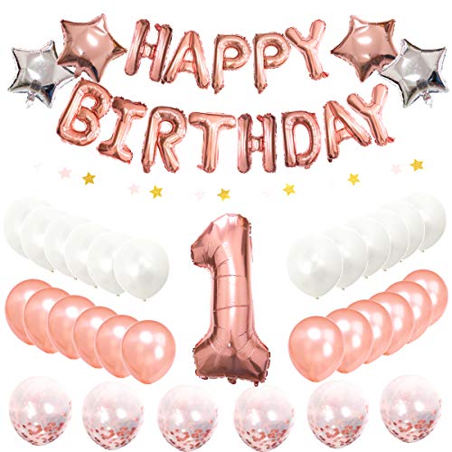 InBy Rose Gold Happy 1st Birthday Party Decoration Kit Balloon Banner Supplies for Baby Girl - Foil Balloon Banner, Latex/Star Foil/Confetti Balloon, Star Garland, Large 40inch Number 1
