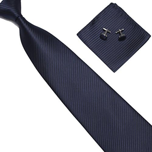 Stylefad Men's Tie Set Solid Color Striped Necktie Pocket Square and Cufflinks (navy blue)