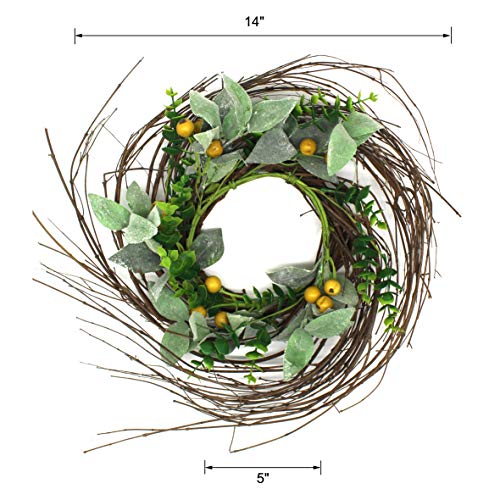 CVHOMEDECO. Rustic Country Artificial Lambs Ear/Boxwood and Twig Wreath, Year Round Full Green Wreath for Indoor or Outdoor Display, 14-Inch - Thumbnail 4