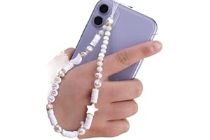 SYSUII Beaded Phone Lanyard Wrist Strap,Kawaii Love Heart Letters Star Moon Charm Colorful Rainbow Phone Chain for Women Girl Pearl Bracelet Keychain Cute Phone Decoration,White