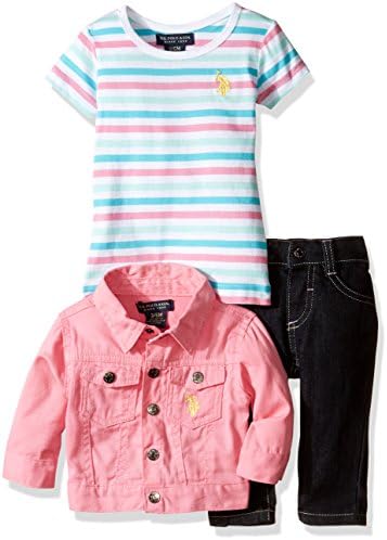 U.S. Polo Assn. Baby Girls' Twill Jacket Striped T-Shirt and Stretch Denim Jean, Pink Lemonade, 12M