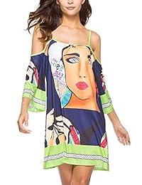 Anatoky vestido de verano con estampado tribal y correa de espagueti con hombros descubiertos para mujer