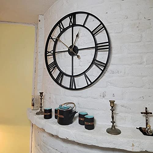 24inch Large Home Decor Wall Clock for Living Room Non Ticking Iron Art Clocks Roman Numeral,Retro Distressed Metal,Oversized