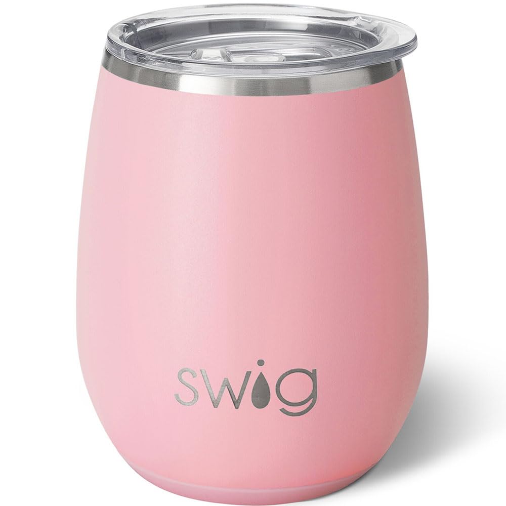 Swig Life 14oz Stemless Wine Cup, Insulated Wine Tumbler with Lid, Stainless Steel Travel Tumbler (Blush)