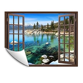 Wall Murals for Bedroom Fake Window Beach Brown Window Removable Wallpaper Peel and Stick Wall Stickers - 24x32 inches